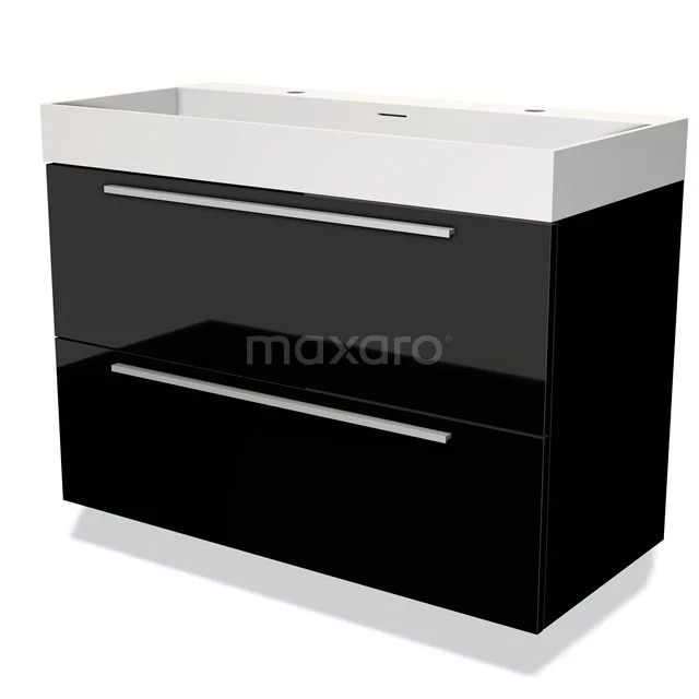 Black and white high-gloss bathroom unit with a sleek vanity unit with basin, two drawers and modern handles, ideal for contemporary bathrooms.