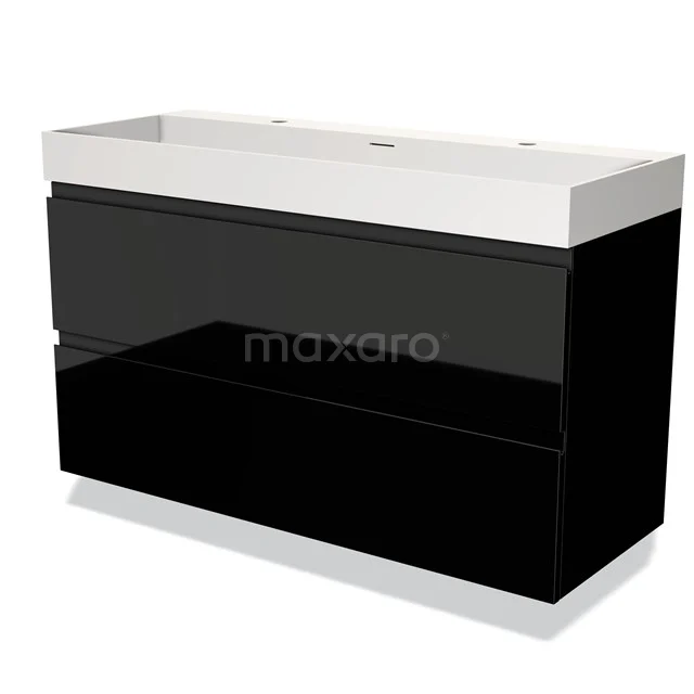 Black high-gloss bathroom unit with white vanity units with basin, sleek design and double drawers for stylish and practical bathroom storage.