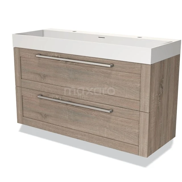 Houten badkamermeubel met twee lades en witte keramische wastafel, modern design voor eigentijdse badkamers.