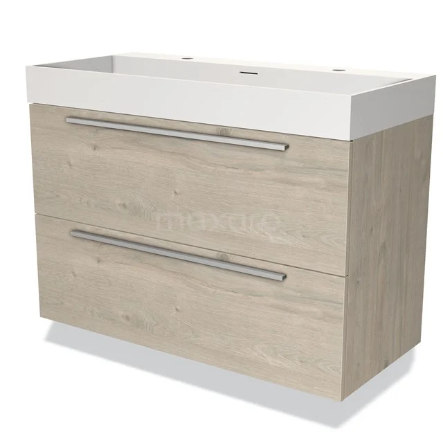 Holz Badmöbel mit 2 Schubladen, metallischen Haltegriffen und einem weißen Waschbecken; ideal für eine moderne Badezimmer Einrichtung.