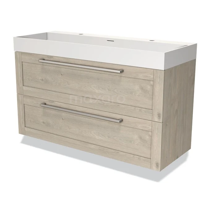 Wooden bathroom unit with two drawers, oak look and integrated white basin, ideal for stylish bathroom design.