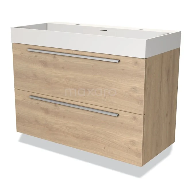 Wooden bathroom unit with oak look, double drawers and white basin worktop, modern design for stylish bathroom design.