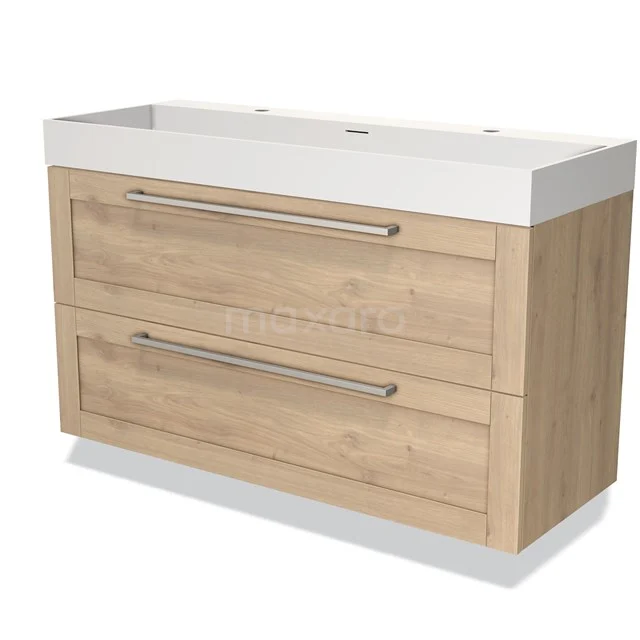 Wooden bathroom unit with two drawers, rectangular design and white basin worktop, ideal for modern bathroom storage.