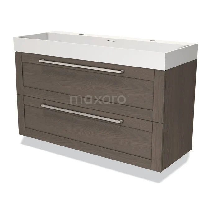Wooden bathroom unit with two drawers, white vanity units with basin and metal handles; modern design, ideal for bathroom storage.