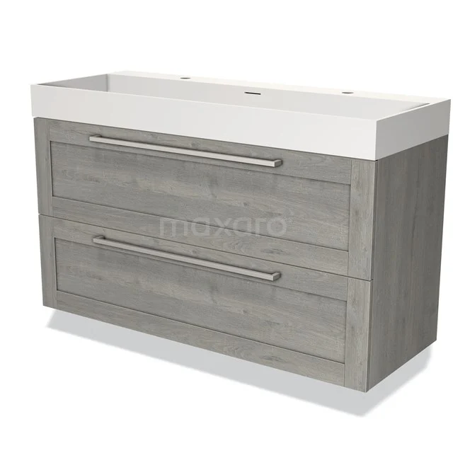 Wooden bathroom unit with two wide drawers, modern grey finish and integrated white vanity units with basin.