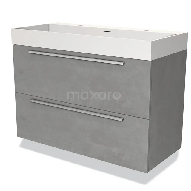 Grey bathroom unit with white vanity units with basin, two drawers and metal handles; modern and sleek design for stylish bathroom storage.