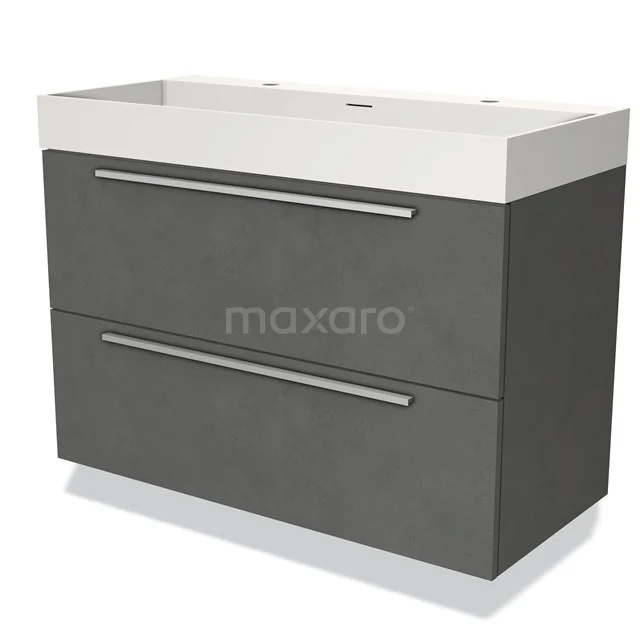 Modulo Vanity units with basin | 120 cm Dark grey concrete Flat front Solid surface 2 Stacked drawers BMW17-03467 Grey vanity set with two drawers, sleek design, matte finish and white ceramic basin, ideal for modern bathrooms.