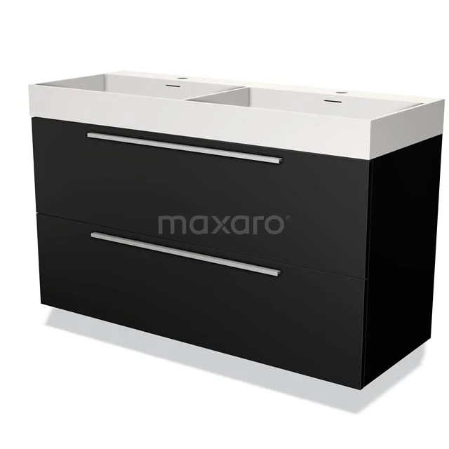 Zwarte badkamermeubel met dubbele wastafel, strakke vormgeving en chromen handgrepen, ideaal voor moderne badkamers.
