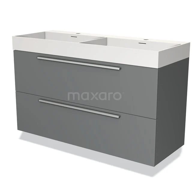 Grijze dubbele wastafelonderkast met strak design, metalen handgrepen en soft-close lades, perfect voor moderne badkamers.