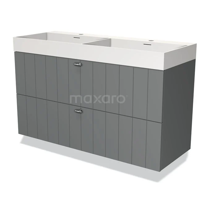 Grijze dubbele wastafelmeubel met witte wastafel, houtlook panelen en twee lades, perfect voor moderne badkamers.