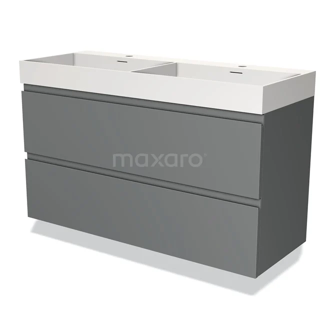 Grijze badkamermeubelset met dubbele wastafel, strak design; ideaal voor moderne badkamers.