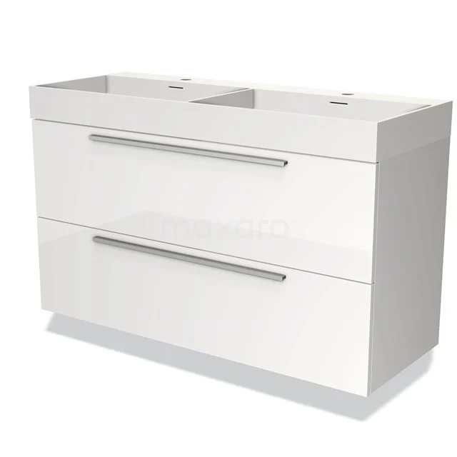 Witte dubbele wastafel met twee brede lades, glanzende afwerking en strak design, perfect voor moderne badkamers.