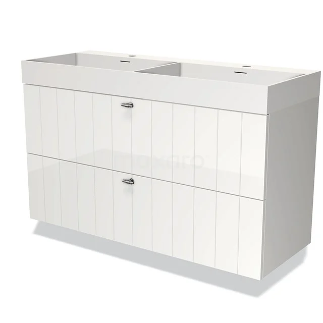 White double vanity unit with handleless drawers, modern high-gloss finish, ideal for stylish bathroom design.