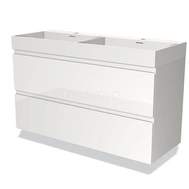 Badmöbel 120cm Modulo Hochglanz Weiß 2 Schubladen Griffloses Waschbecken Solid Surface BMW17-03476 Weißes Doppel-Waschtischmöbel mit glänzender Oberfläche, modernem Look und zwei Schubladen für stilvolle Badezimmerlagerung.
