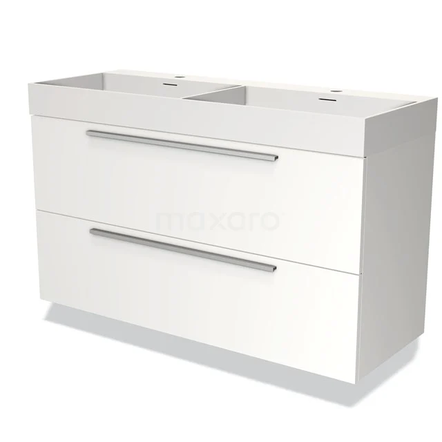 Wit badkamermeubel met dubbele wastafel, strakke uitstraling, twee brede lades en metalen grepen, ideaal voor moderne badkamers.
