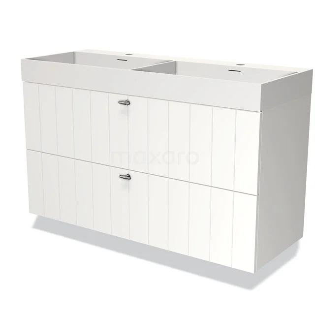 White double vanity unit with horizontal lines, modern finish and spacious drawers, perfect for stylish bathrooms.