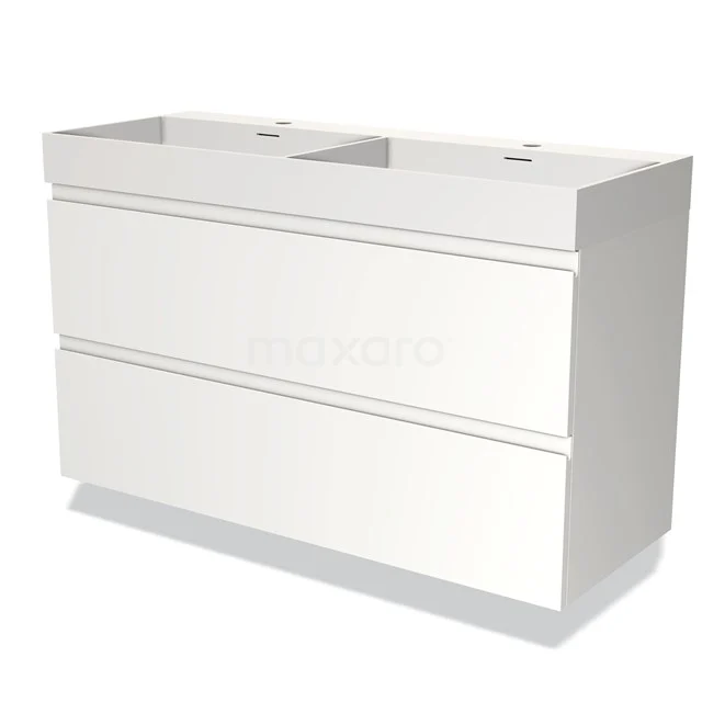 Wit dubbel badkamermeubel met strak ontwerp, twee wastafels en ruime lades voor functionele en moderne badkameropslag.