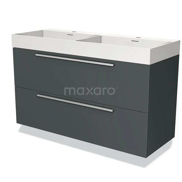 Dark grey double bathroom unit with white ceramic vanity units with basin and two drawers, ideal for modern bathroom spaces.