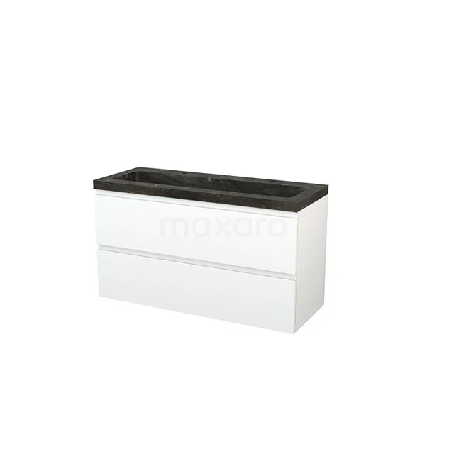 White bathroom unit with black vanity units with basin, modern design, two drawers, perfect for stylish and functional bathroom storage.