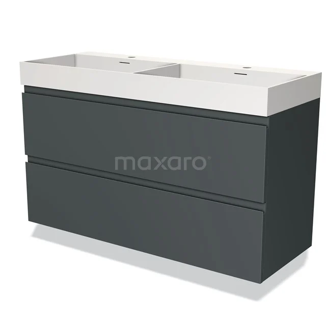 Antracietgrijze badkamermeubel met dubbele wastafel, strak design, ruime opberglades en moderne afwerking.