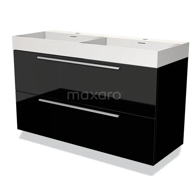 Zwart-wit dubbel wastafelmeubel met glanzende afwerking, moderne design met twee lades, perfect voor stijlvolle badkamers.