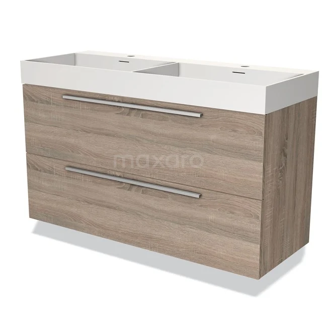 Houten badkamermeubel met dubbele wastafel, moderne metalen handgrepen en strak design, ideaal voor een stijlvolle badkamer.