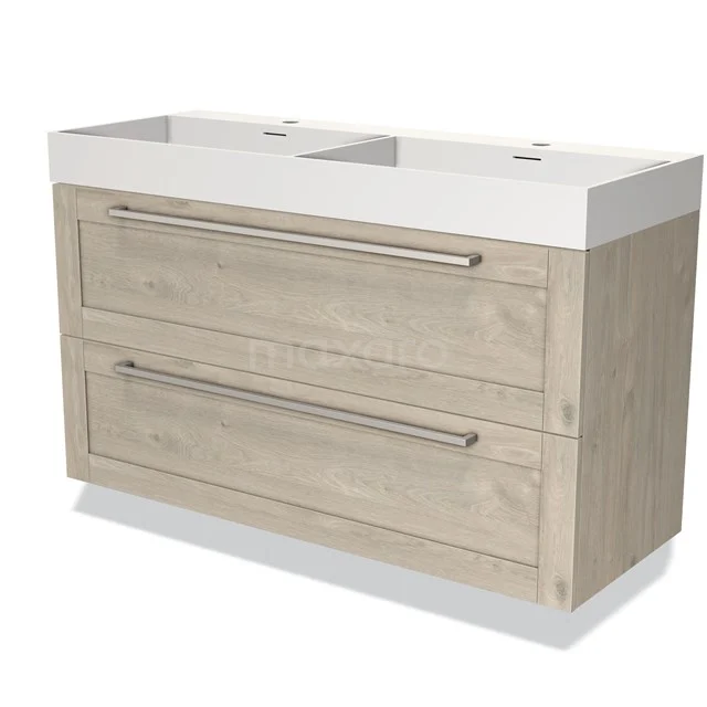 Wooden vanity units with double basin, light oak look, two spacious drawers and integrated metal handles.