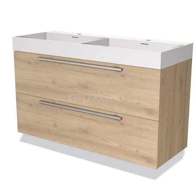 Badkamermeubel houtlook met dubbele wastafel, modern ontwerp, twee lades met metalen grepen, ideaal voor stijlvolle badkamers.