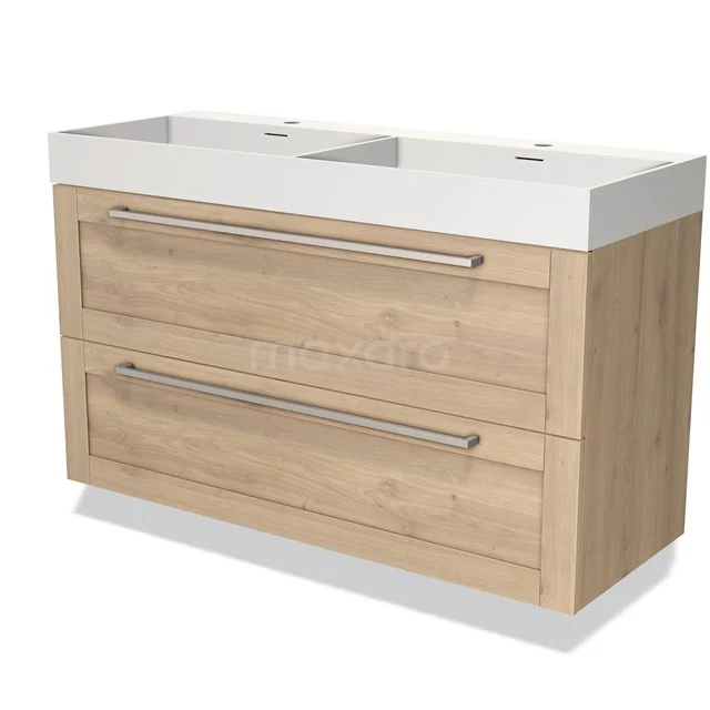 Houten badkamermeubel met dubbele wastafel, lichte eiken afwerking, twee brede lades en moderne zilveren handgrepen.