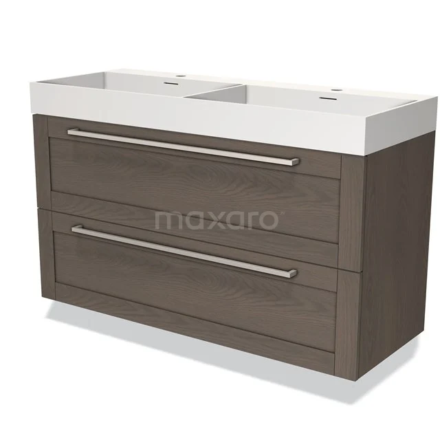 Double basin with wooden base cabinet, brown wood look, two drawers and white ceramic sink; ideal for bathroom storage.
