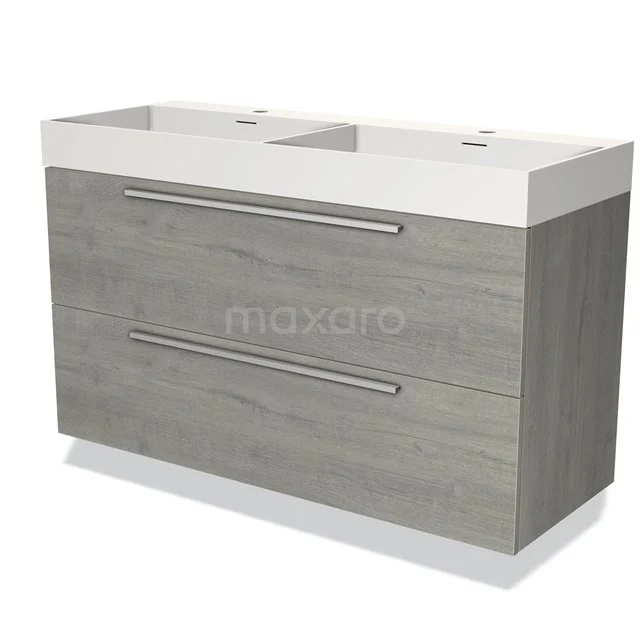 Grey wooden vanity unit with double white ceramic sink, ideal for modern bathroom design.