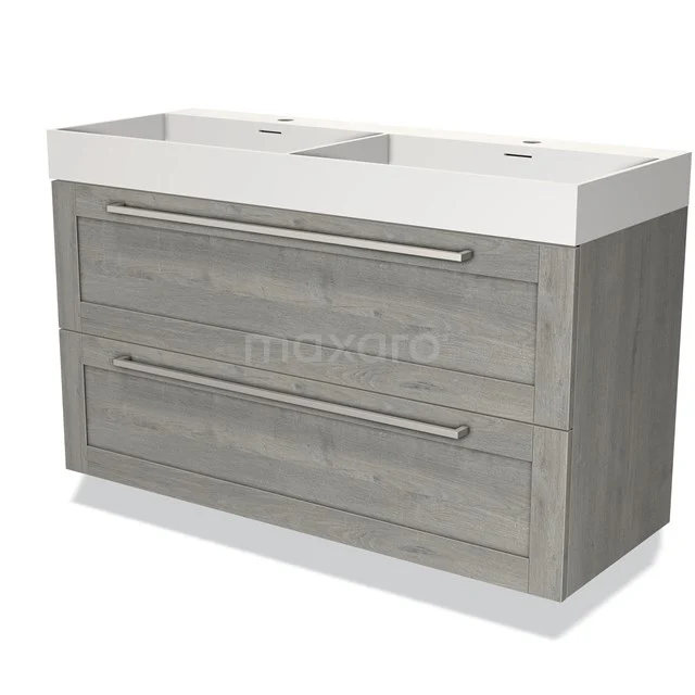 Grijs houten badkamermeubel met dubbele wastafel, strak design en 2 lades, ideaal voor stijlvolle opbergruimte in de badkamer.