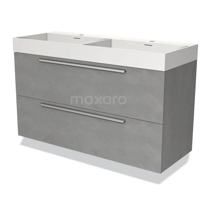 Grijze badkamermeubelset met dubbele wastafel, strak design, mat afwerking en ruime lades voor moderne badkameropslag.
