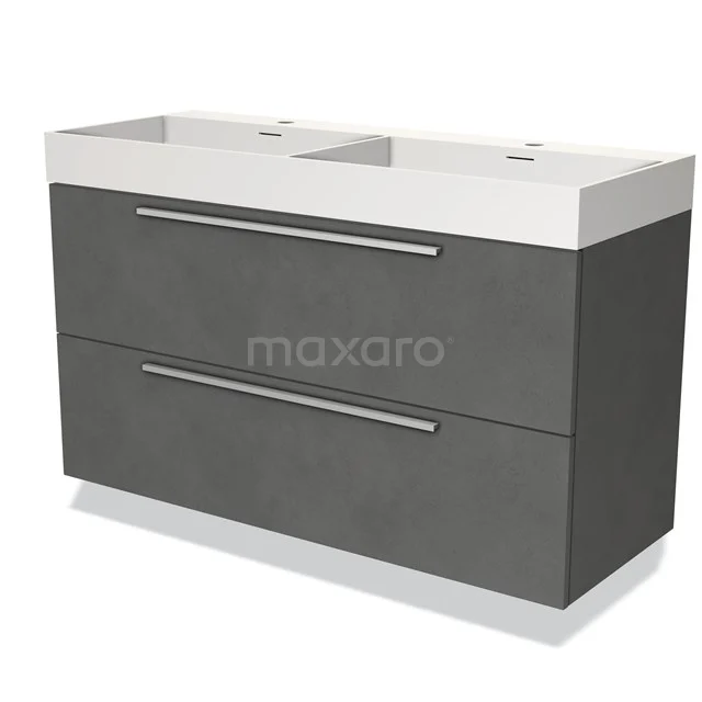 Donkergrijze badkamermeubelset met dubbele wastafel, moderne vormgeving, chromen handgrepen en gladde afwerking.