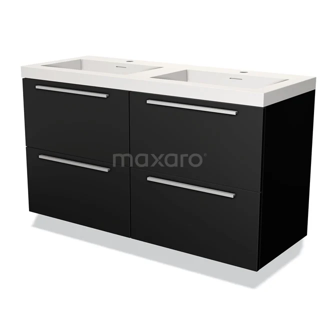 Zwart badkamermeubel met dubbele wastafel, modern design, ruime opbergmogelijkheden en geïntegreerde chromen handgrepen.
