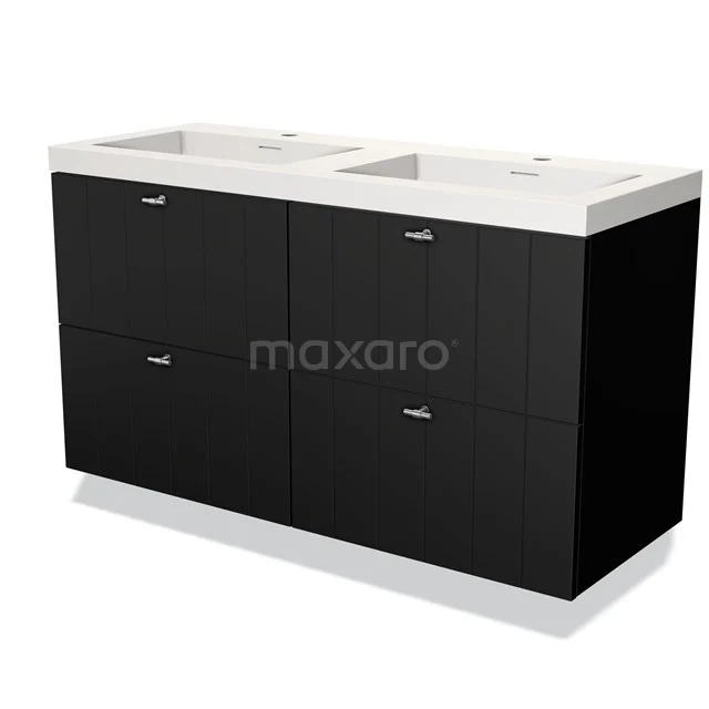 Zwarte dubbele wastafelmeubel met witte keramische wasbak, modern design voor een stijlvolle badkamerinrichting.