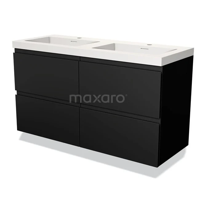 Zwart dubbel wastafelmeubel met witte keramische wastafel, strak design, ideaal voor een moderne badkamer.