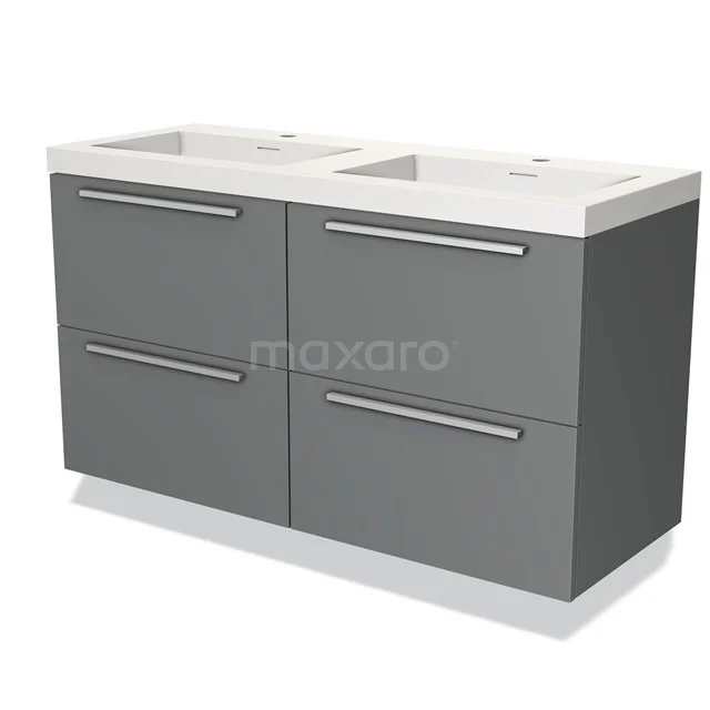 Dubbele grijze badkamermeubelset met vier lades, wit keramische wastafel, strak modern design voor een stijlvolle badkamer.
