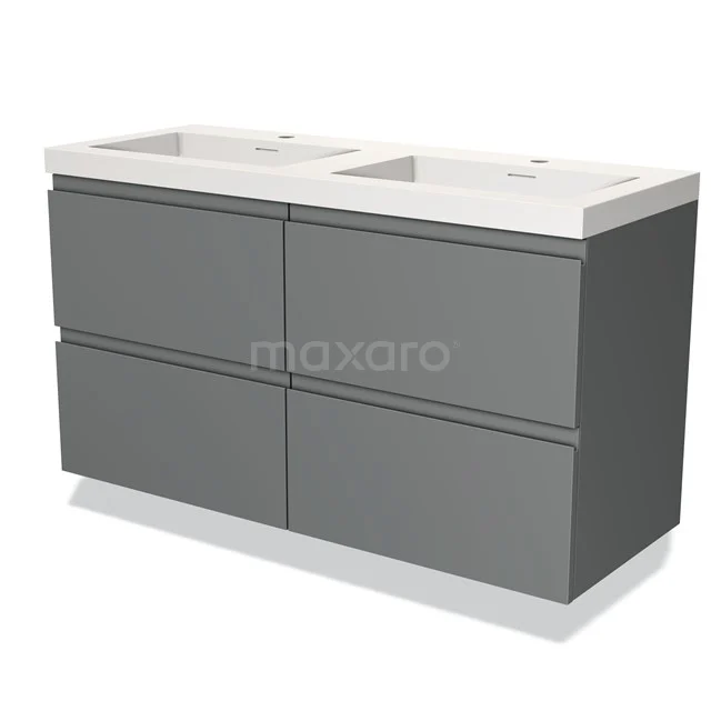 Grijze badkamermeubelset met dubbele witte wastafel, strakke lades, modern design en duurzaam materiaal.