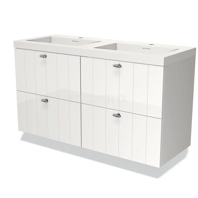 Wit dubbel badmeubel met vier lades, paneelstructuur en keramische wastafel, ideale opbergruimte voor de badkamer.
