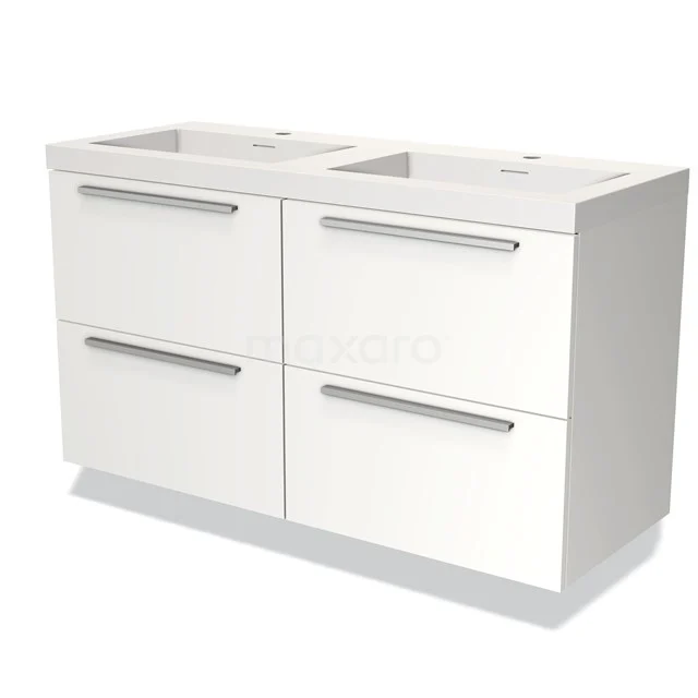 Wit badkamermeubel met dubbele wastafel, moderne vormgeving, vier lades met metalen handgrepen, ideaal voor opbergruimte.
