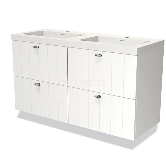 Wit dubbel wastafelmeubel met vier greeploze panelen, ideaal voor een moderne badkamer.