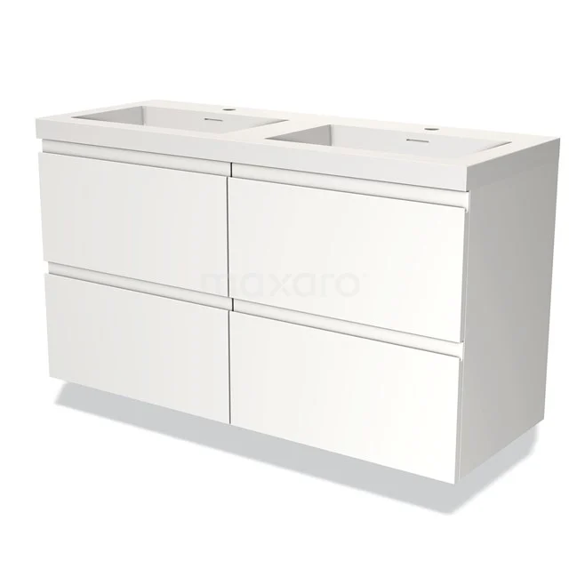 Witte dubbele wastafel met ladekast, strak modern design, perfect voor een stijlvolle en georganiseerde badkamer.