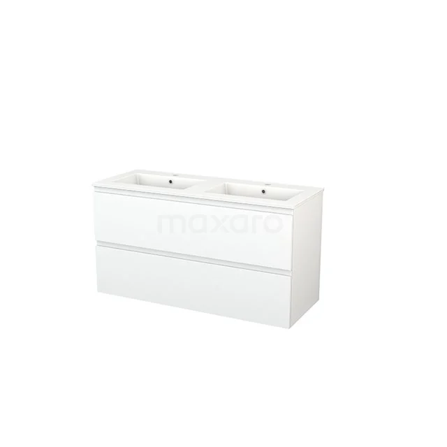 White vanity unit with double basin, modern style, two drawers, ideal for bathroom storage, high-gloss finish.