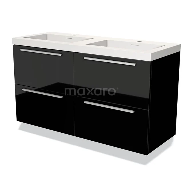 Zwart glanzend badkamermeubel met dubbele wastafel, vier lades en strak design, perfect voor een moderne badkamerstijl.