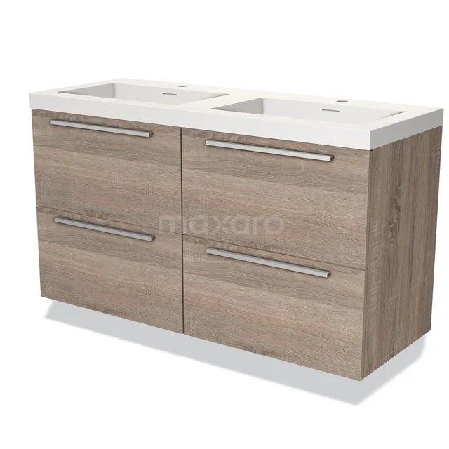 Dubbele wastafelmeubel, houtlook design, met witte keramische wastafel, ideaal voor moderne badkamers.