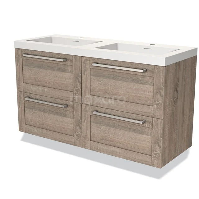 Holz Badezimmermöbel mit zwei Waschbecken und vier Schubladen, modernes Design, ideal für stilvolle und praktische Badezimmerlösungen.