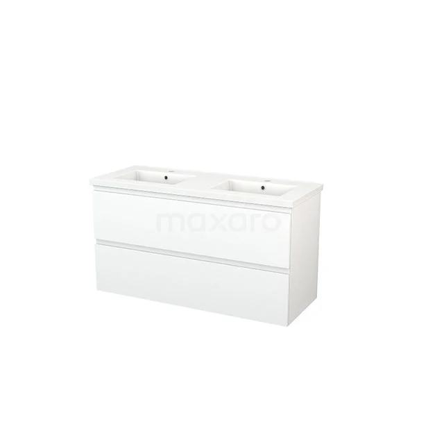 Modulo+ Vanity units with basin | 120 cm Matte white Handle-less front Ceramic 2 Stacked drawers BMP003413 White vanity unit with double sink, modern look, suitable for the bathroom, finished in high-gloss white.