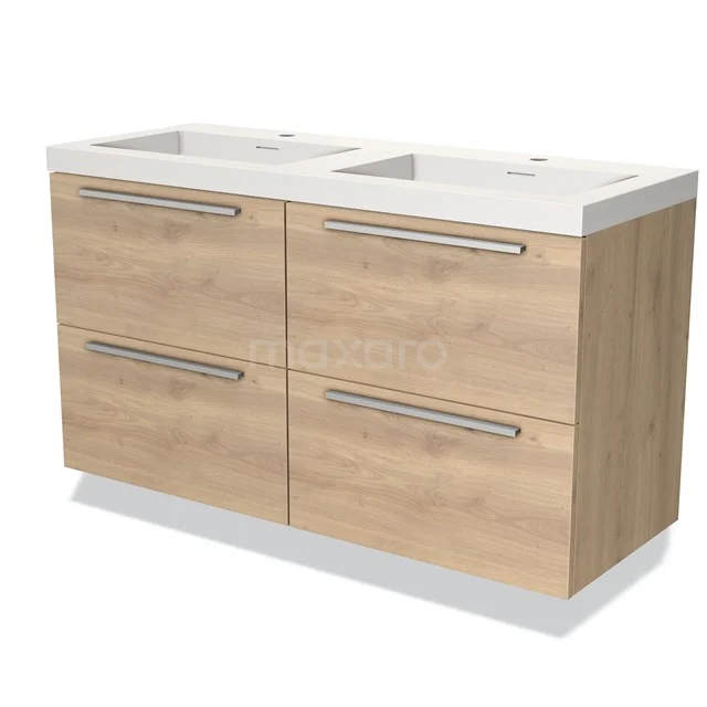 Houten badkamermeubel met dubbele wastafel, licht eiken afwerking, vier lades en strakke metalen handgrepen.