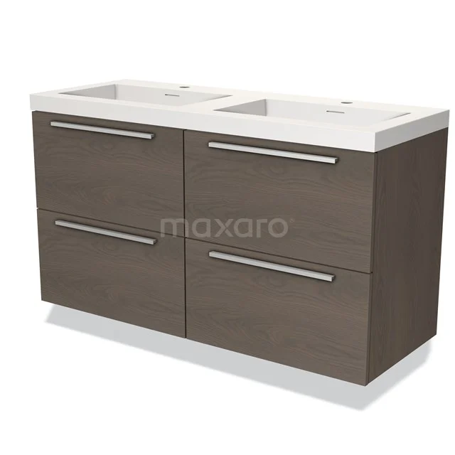 Donkerhouten badkamermeubel met dubbele wastafel, strakke metalen handgrepen en softclose lades in modern design.